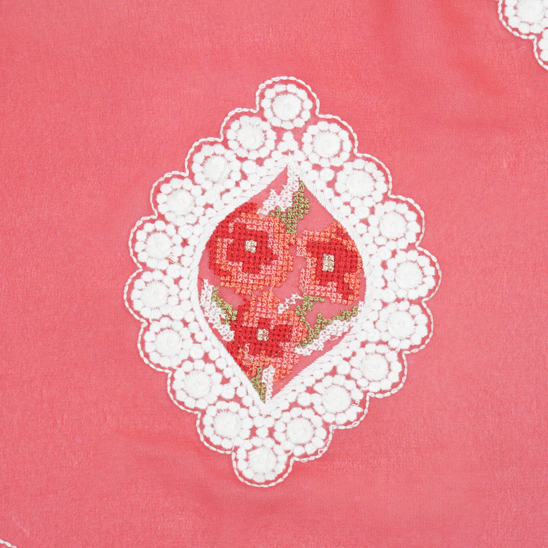 Zinal Buta on Tomato  Semi Georgette Embroidered Fabric