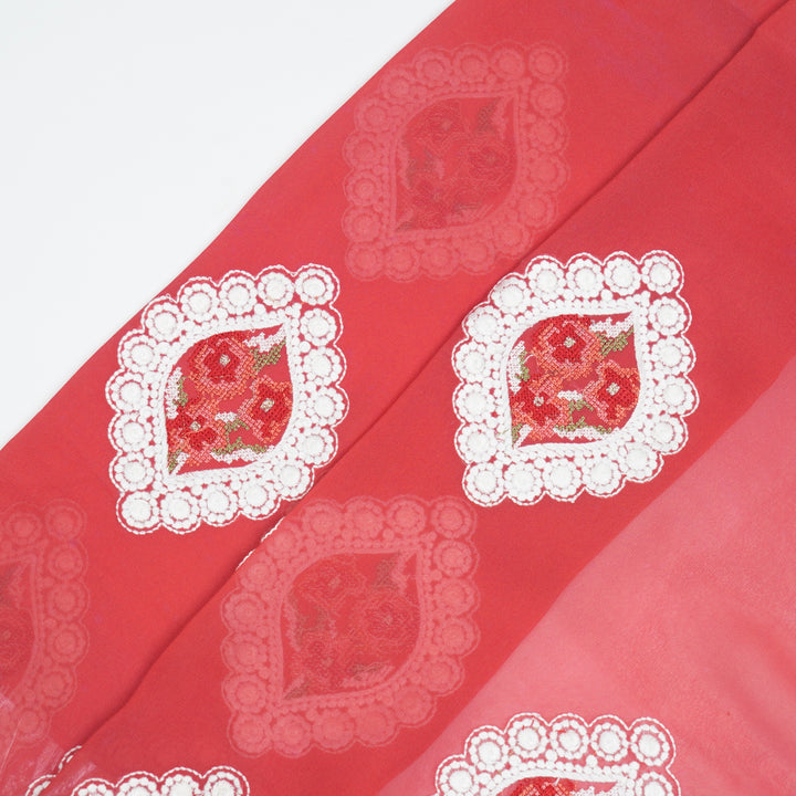 Zinal Buta on Tomato  Semi Georgette Embroidered Fabric