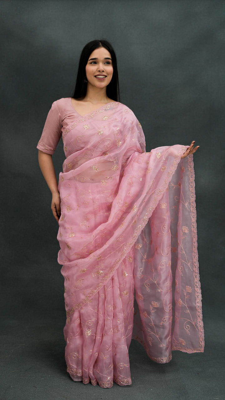 Uryani Embroidered Saree on Pink Pure Silk Organza