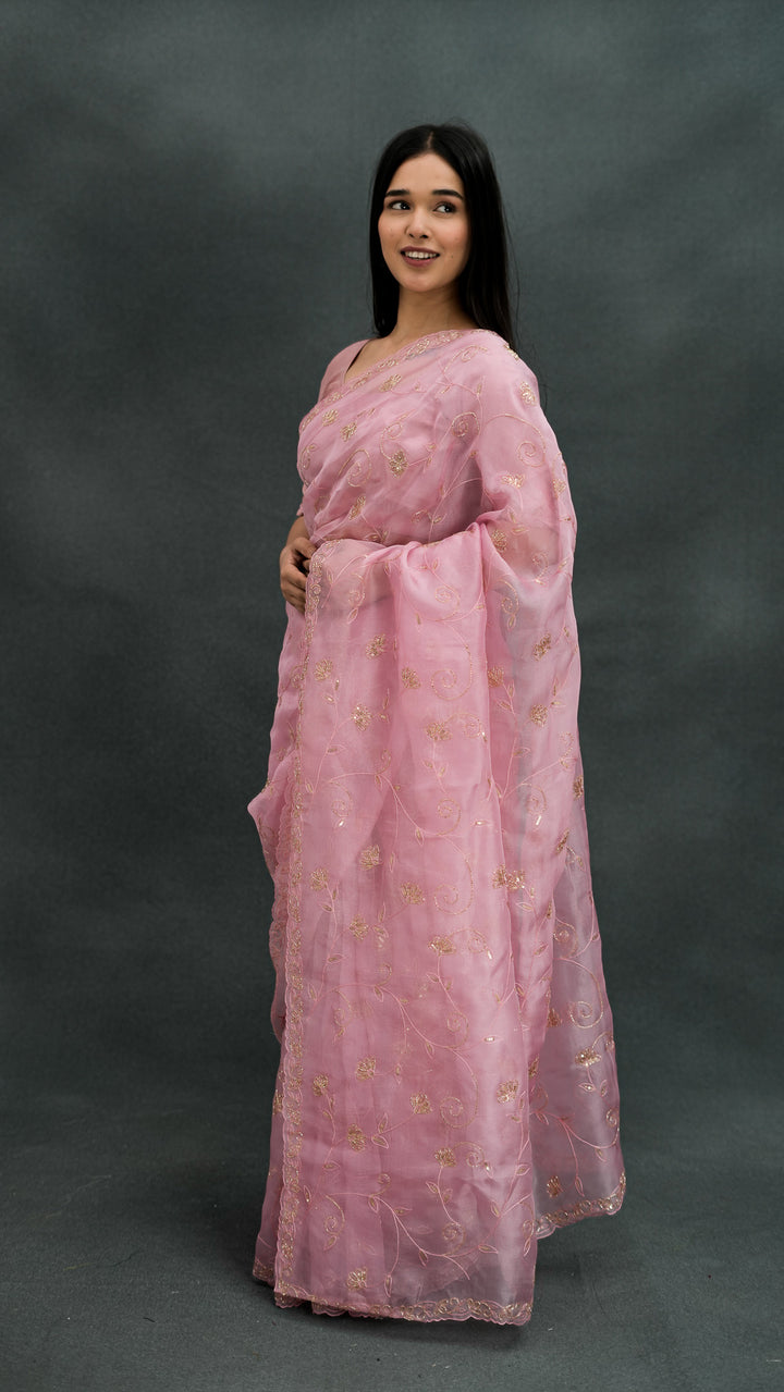 Uryani Embroidered Saree on Pink Pure Silk Organza