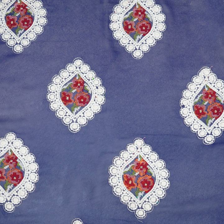 Zinal Buta on Royal Blue Semi Georgette Embroidered Fabric