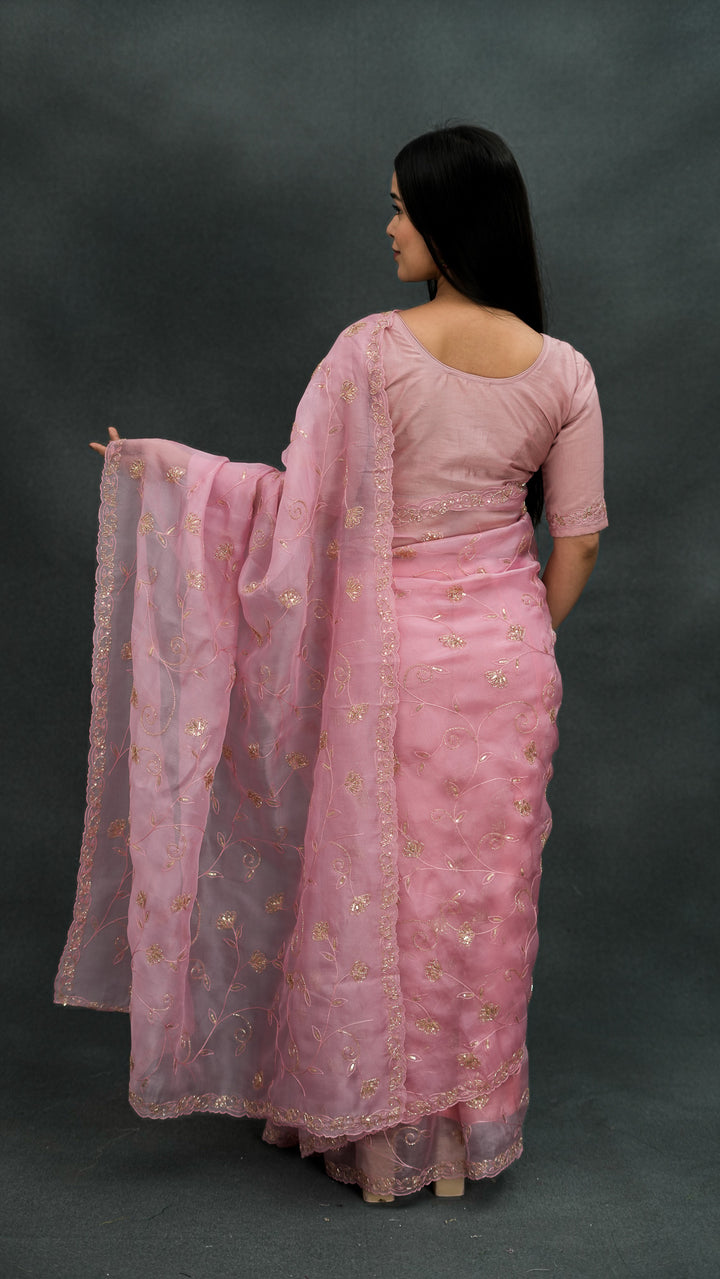 Uryani Embroidered Saree on Pink Pure Silk Organza