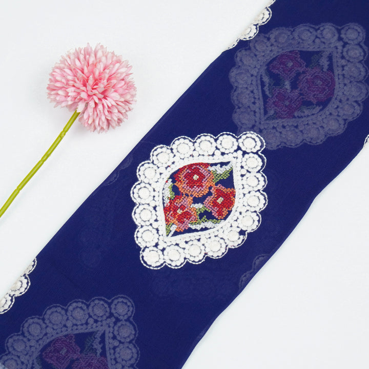 Zinal Buta on Royal Blue Semi Georgette Embroidered Fabric