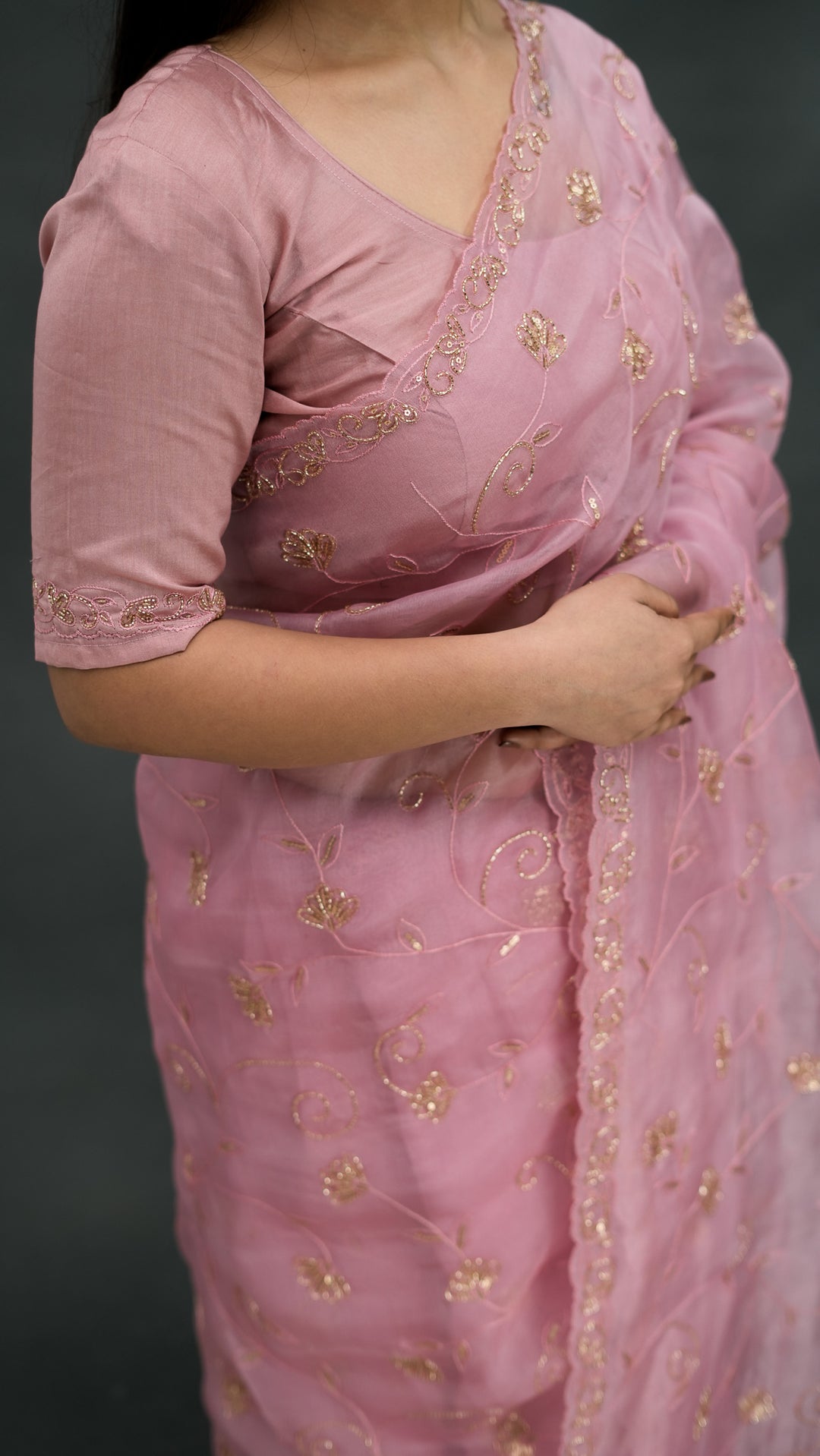 Uryani Embroidered Saree on Pink Pure Silk Organza