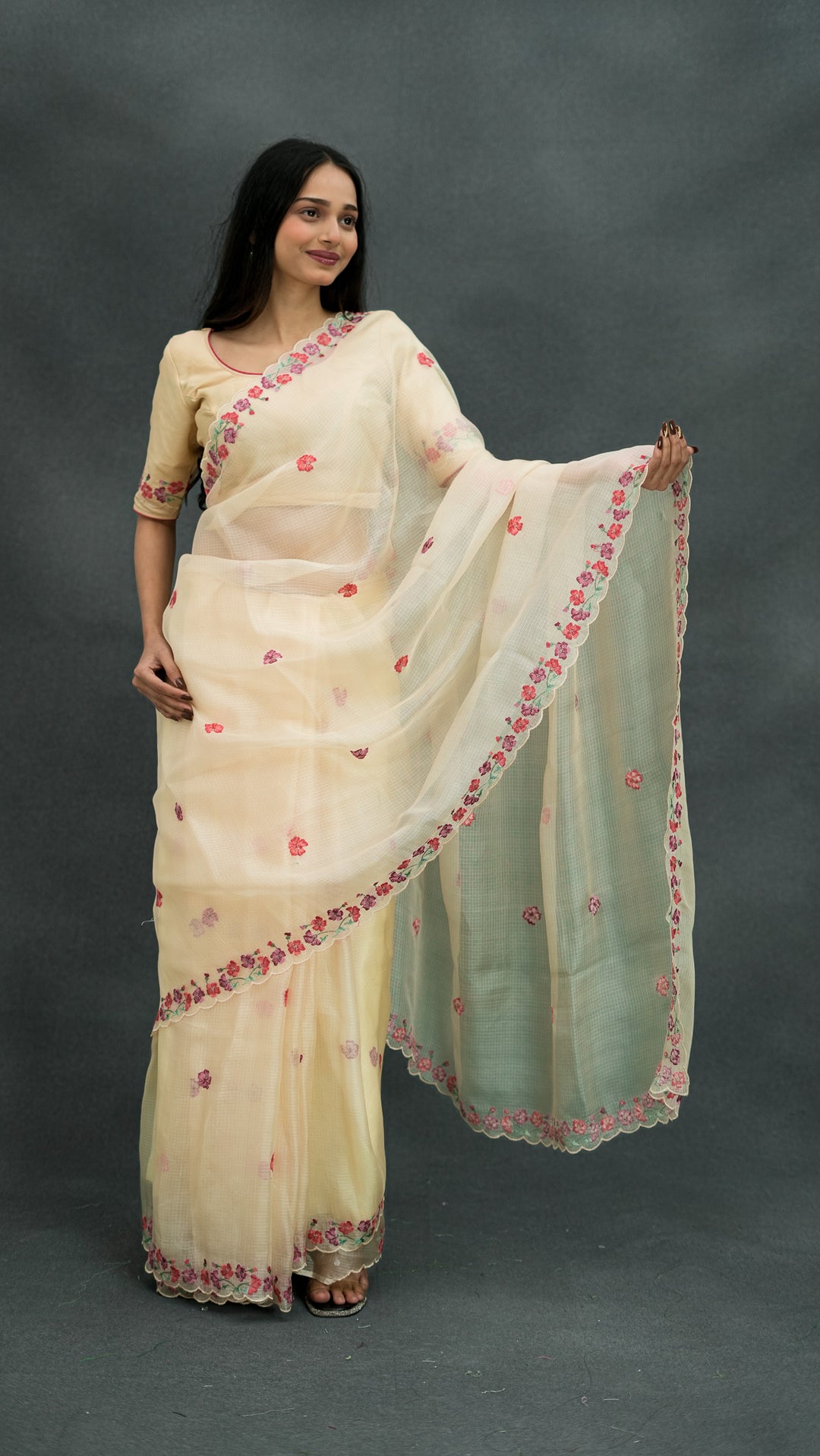 Urmi Embroidered Saree on Cream Silk Kota