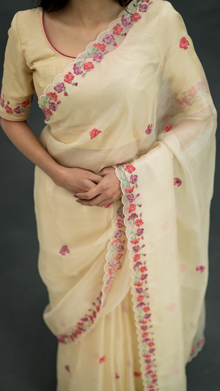 Urmi Embroidered Saree on Cream Silk Kota