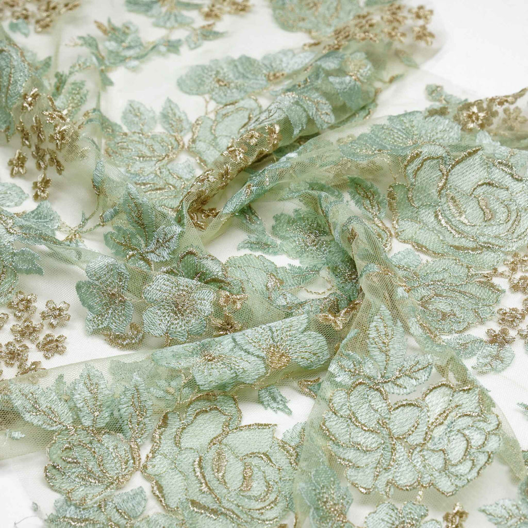 Maira Jaal on Moss Green Net Embroidered Fabric