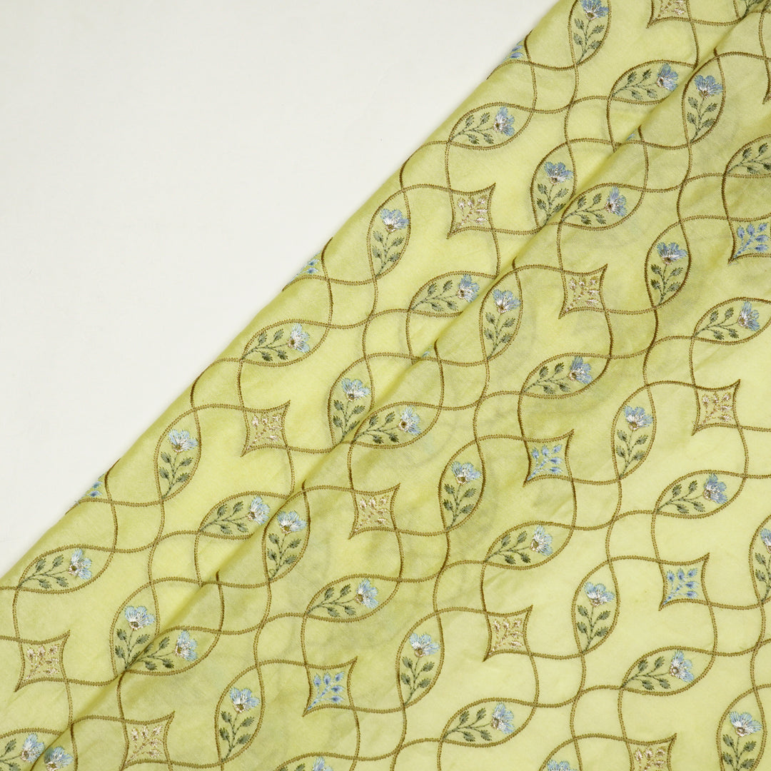 Keisha Jaal on Chick Yellow Malmal Embroidered Fabric