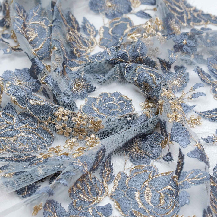 Maira Jaal on Steel Blue Net Embroidered Fabric