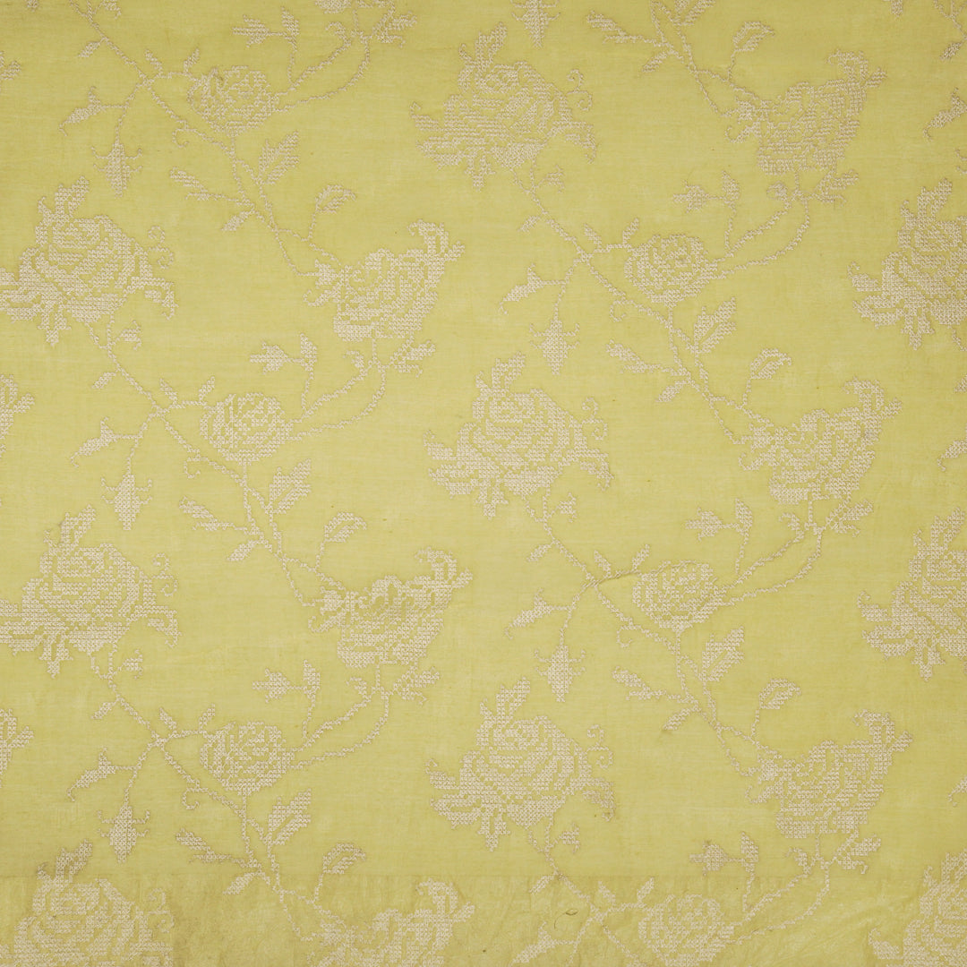 Hansa Jaal on Lemon Cotton Silk Embroidered Fabric
