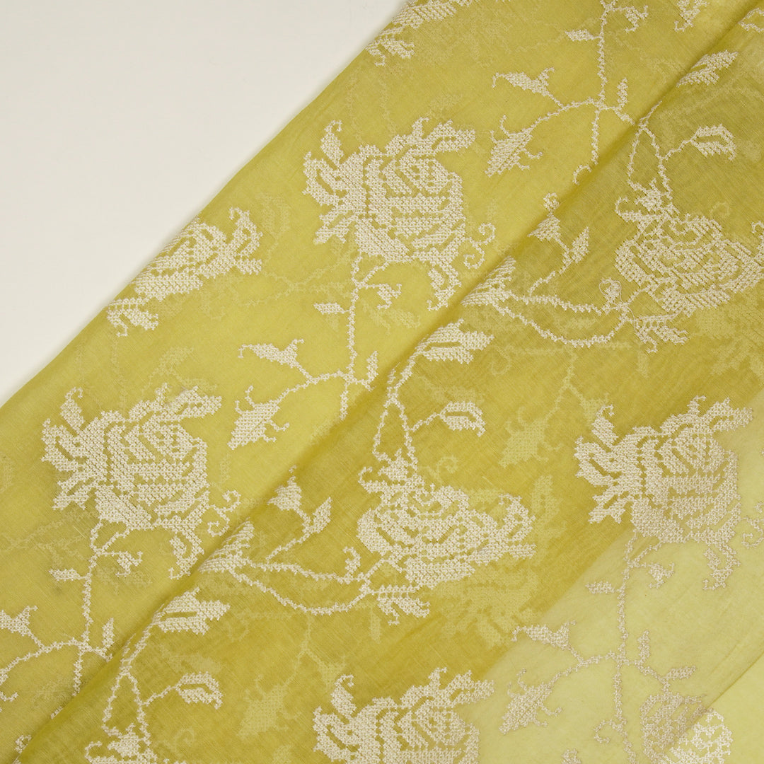 Hansa Jaal on Lemon Cotton Silk Embroidered Fabric