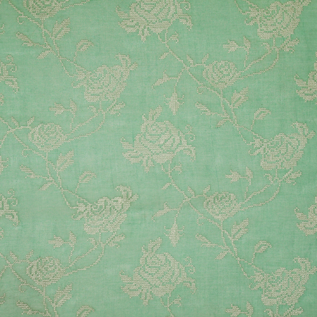 Hansa Jaal on Aqua Green Cotton Silk Embroidered Fabric