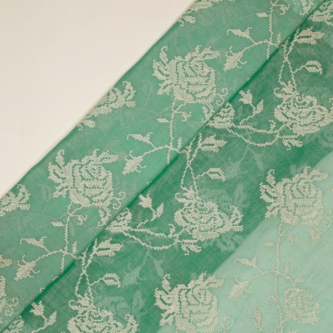 Hansa Jaal on Aqua Green Cotton Silk Embroidered Fabric