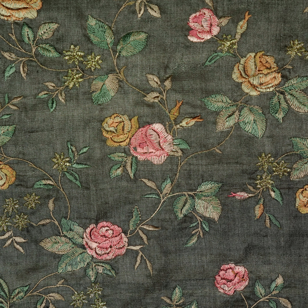 Mahira Jaal On Charcoal Tussar Silk Embroidered Fabric