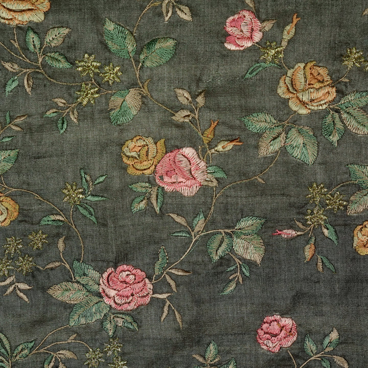 Mahira Jaal On Charcoal Tussar Silk Embroidered Fabric