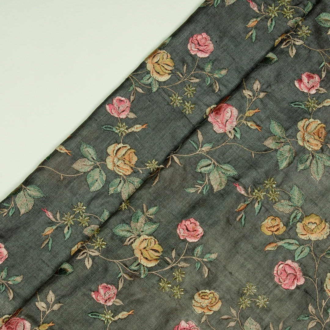 Mahira Jaal On Charcoal Tussar Silk Embroidered Fabric