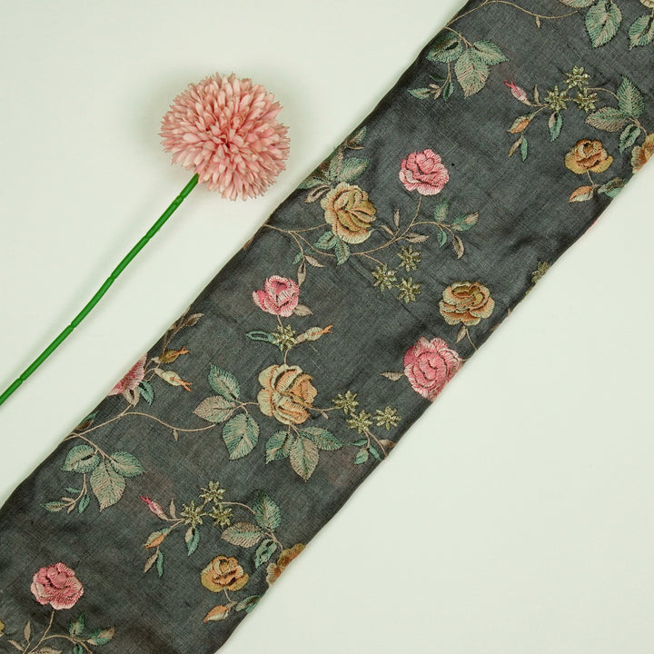 Mahira Jaal On Charcoal Tussar Silk Embroidered Fabric