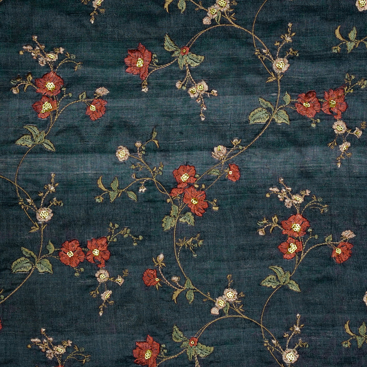 Ruqaya Jaal On Navy Blue Tussar Silk Embroidered Fabric