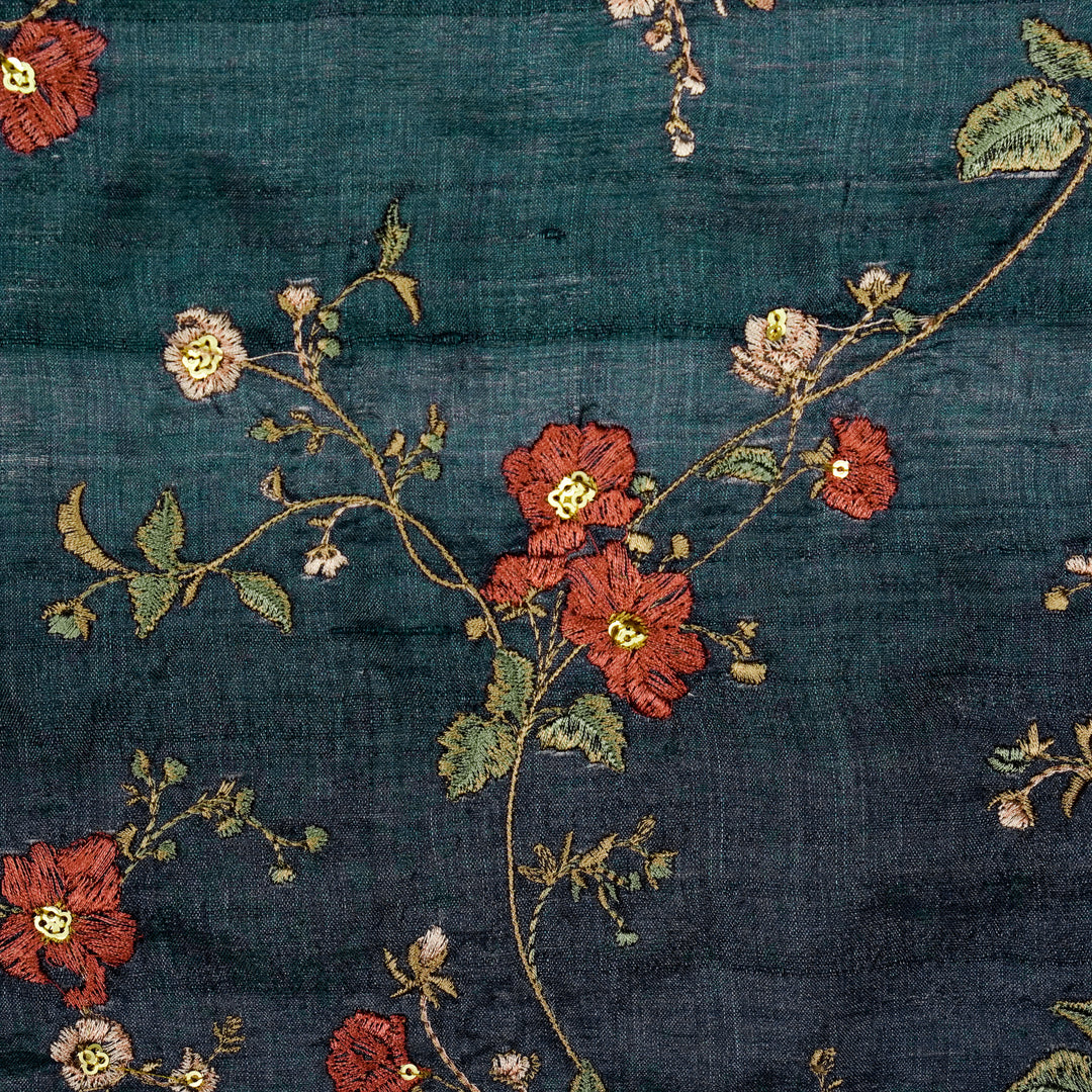 Ruqaya Jaal On Navy Blue Tussar Silk Embroidered Fabric