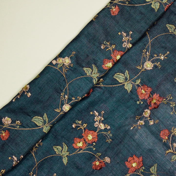 Ruqaya Jaal On Navy Blue Tussar Silk Embroidered Fabric