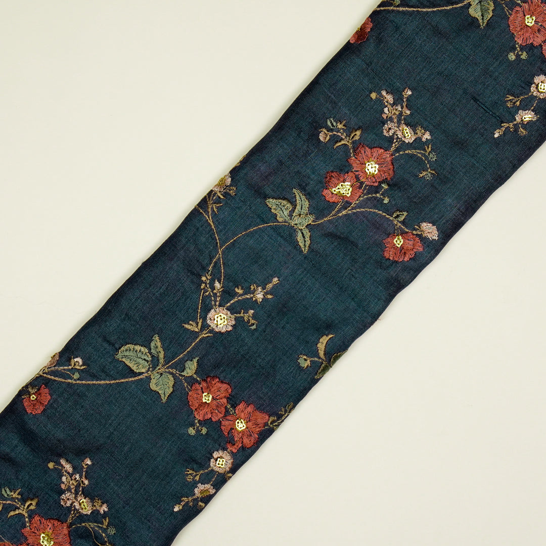 Ruqaya Jaal On Navy Blue Tussar Silk Embroidered Fabric