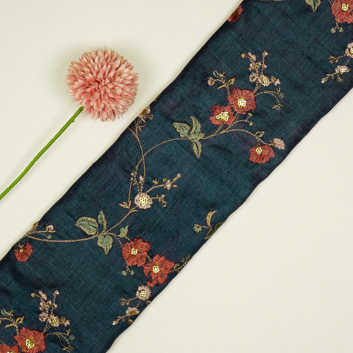 Ruqaya Jaal On Navy Blue Tussar Silk Embroidered Fabric