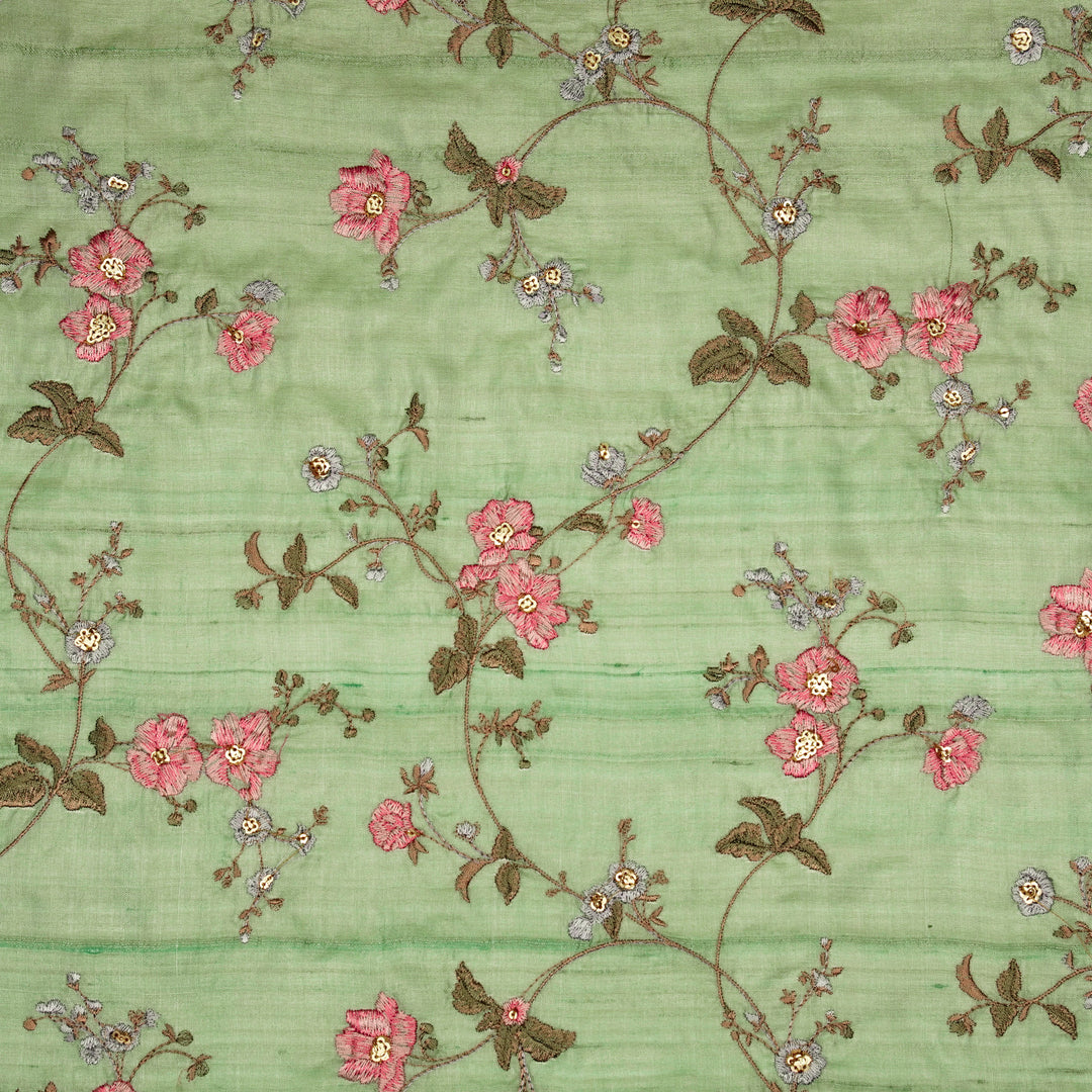 Ruqaya Jaal On Sea Green Tussar Silk Embroidered Fabric