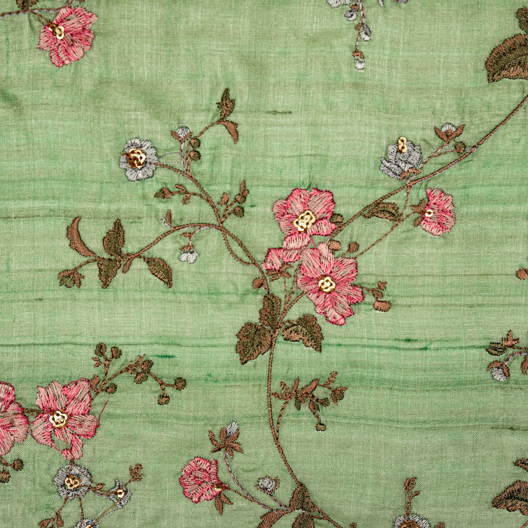 Ruqaya Jaal On Sea Green Tussar Silk Embroidered Fabric