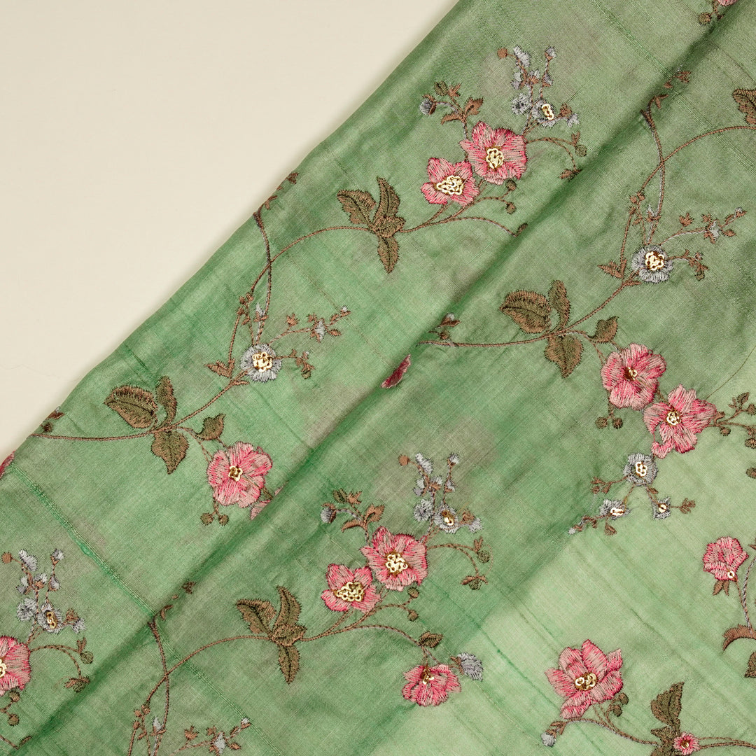 Ruqaya Jaal On Sea Green Tussar Silk Embroidered Fabric