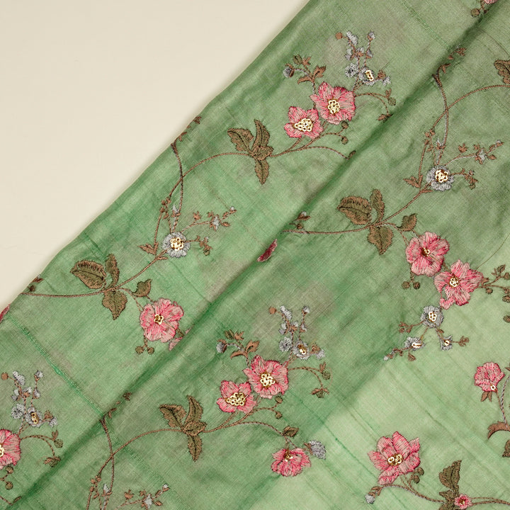 Ruqaya Jaal On Sea Green Tussar Silk Embroidered Fabric