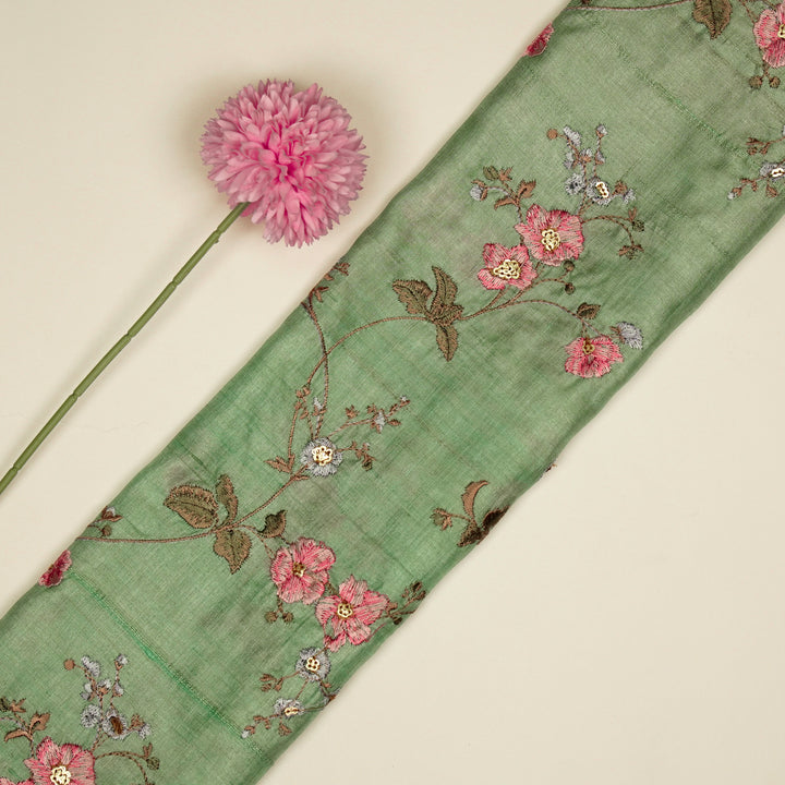 Ruqaya Jaal On Sea Green Tussar Silk Embroidered Fabric