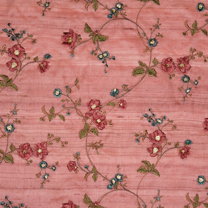 Ruqaya Jaal On Pink Tussar Silk Embroidered Fabric