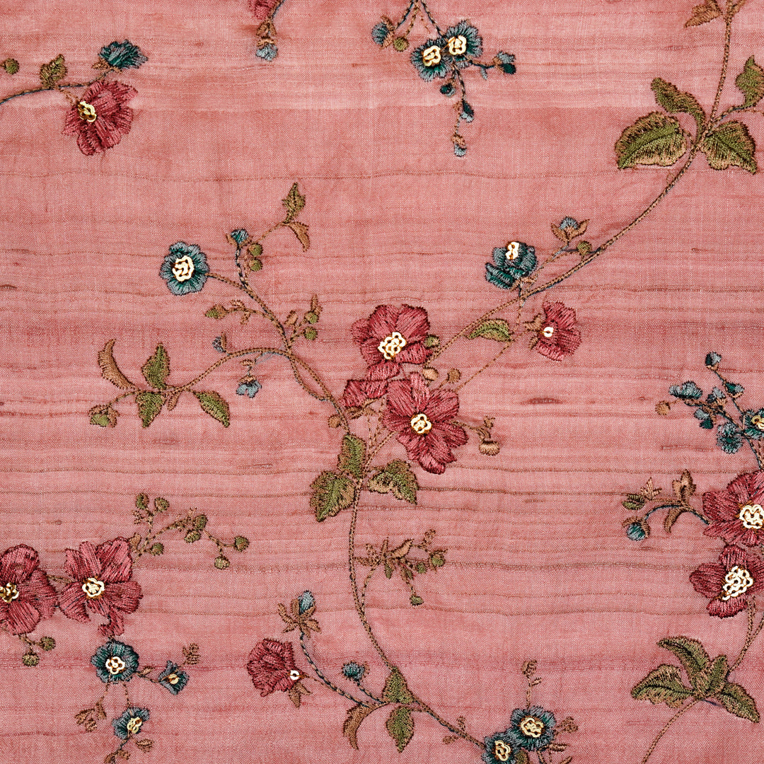 Ruqaya Jaal On Pink Tussar Silk Embroidered Fabric