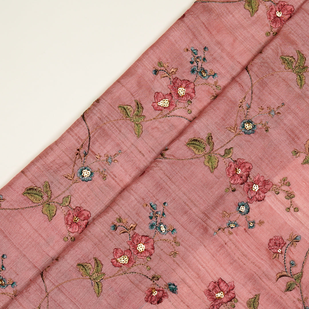 Ruqaya Jaal On Pink Tussar Silk Embroidered Fabric