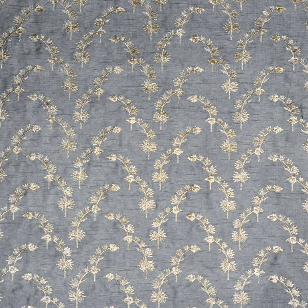 Sunerah Zari Jaal on Steel Grey Semi Raw Silk Embroidered Fabric