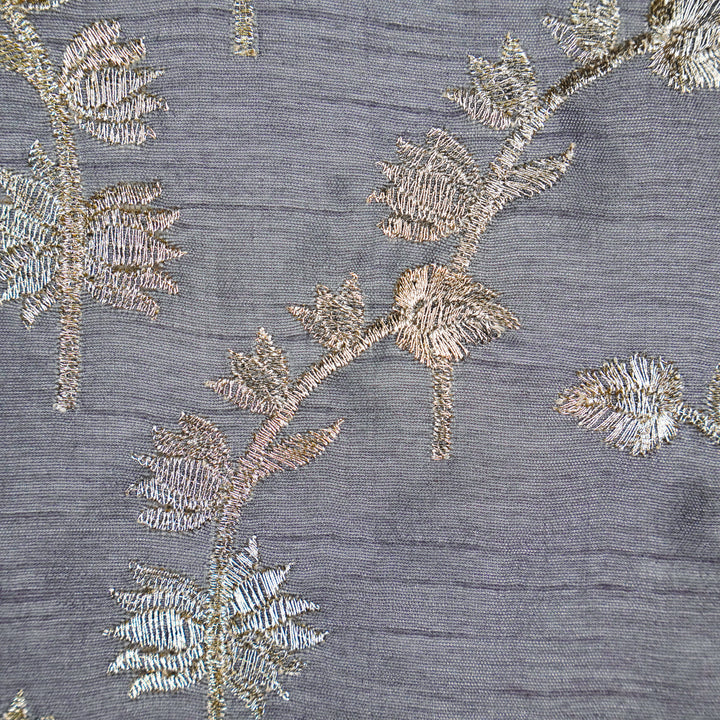 Sunerah Zari Jaal on Steel Grey Semi Raw Silk Embroidered Fabric