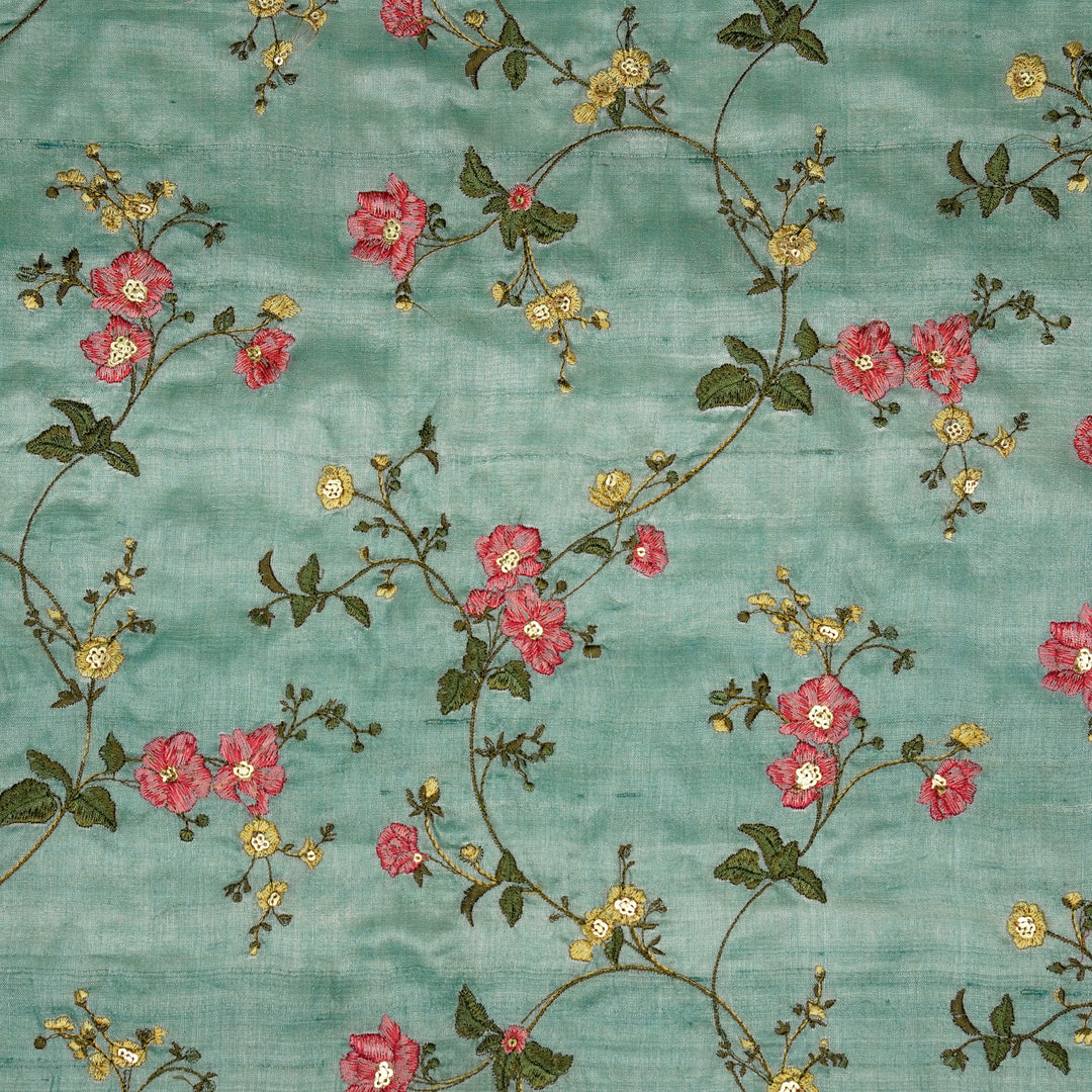 Ruqaya Jaal On Sky Blue Tussar Silk Embroidered Fabric