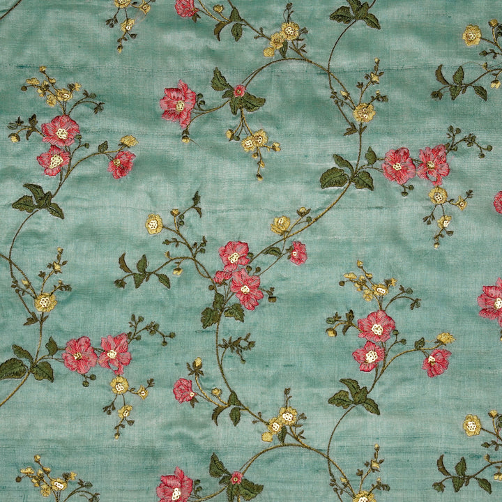 Ruqaya Jaal On Sky Blue Tussar Silk Embroidered Fabric