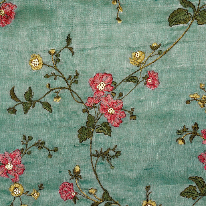 Ruqaya Jaal On Sky Blue Tussar Silk Embroidered Fabric