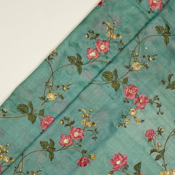 Ruqaya Jaal On Sky Blue Tussar Silk Embroidered Fabric