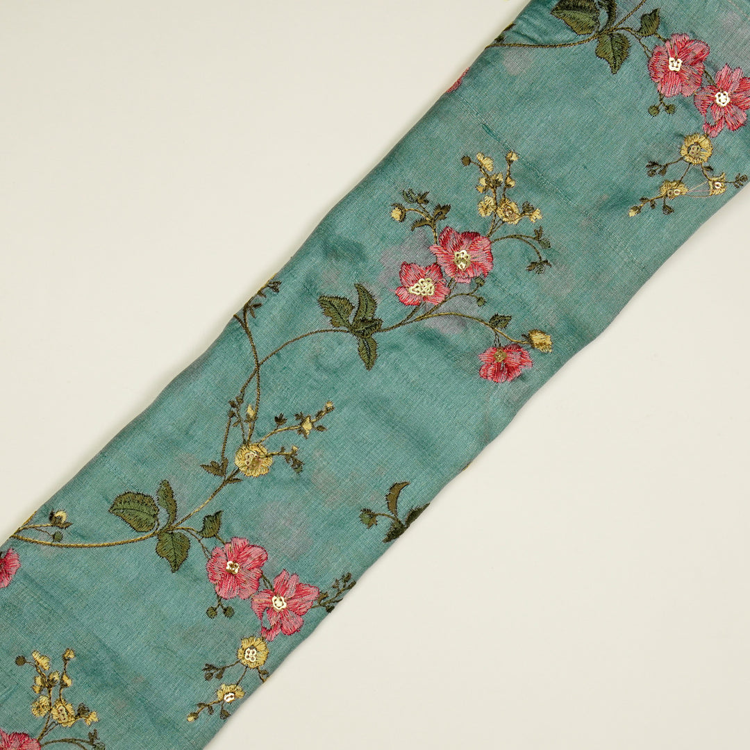 Ruqaya Jaal On Sky Blue Tussar Silk Embroidered Fabric