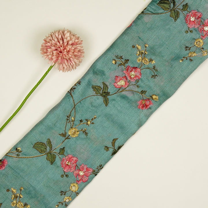 Ruqaya Jaal On Sky Blue Tussar Silk Embroidered Fabric