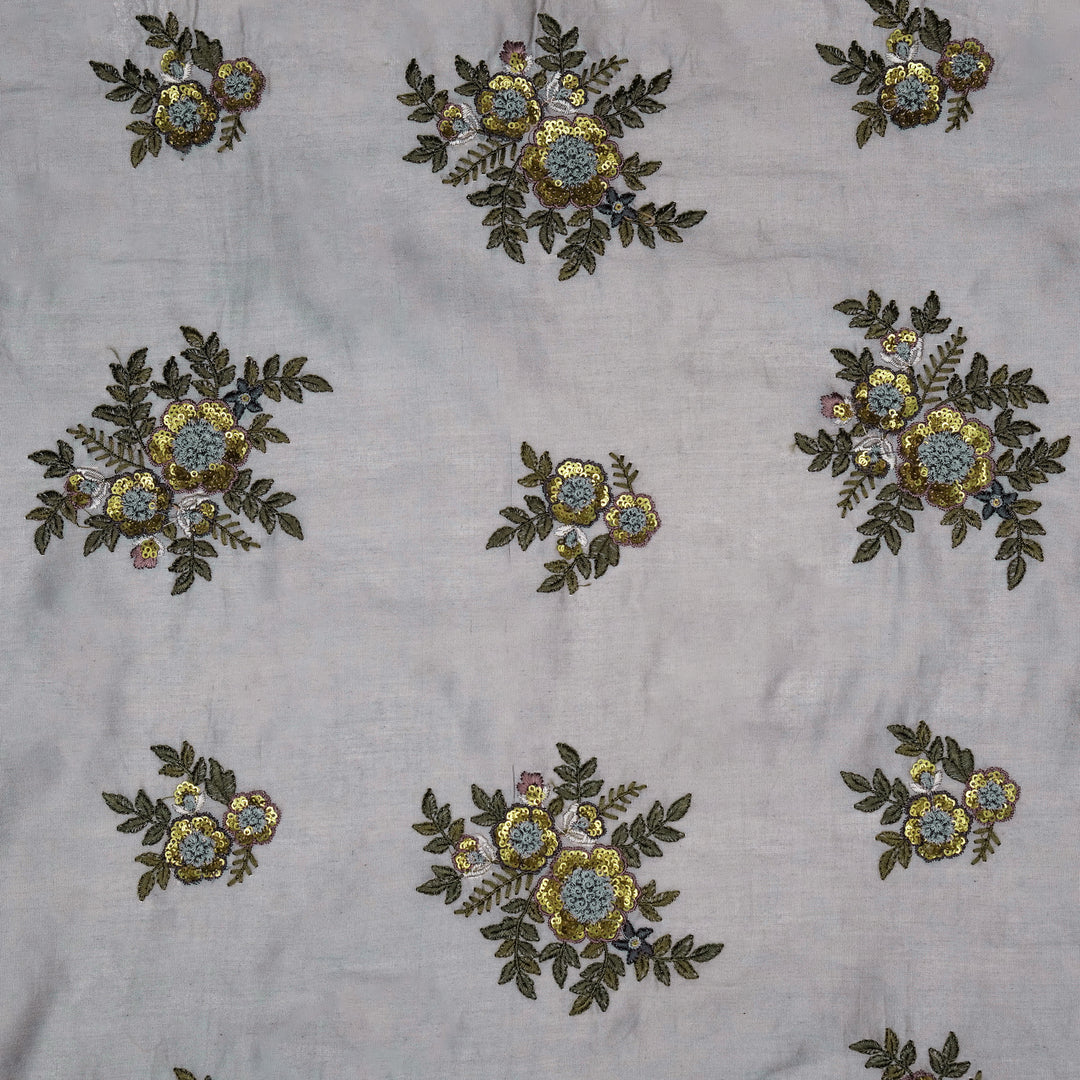 Pushti Buta on Steel Grey Luxe Silk Chanderi Embroidered Fabric