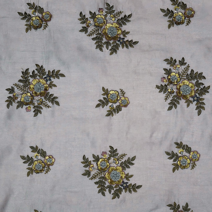 Pushti Buta on Steel Grey Luxe Silk Chanderi Embroidered Fabric