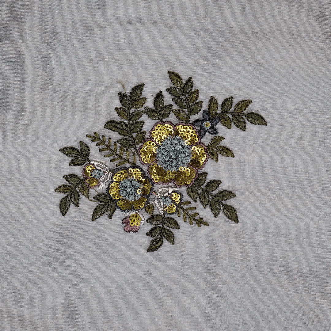 Pushti Buta on Steel Grey Luxe Silk Chanderi Embroidered Fabric