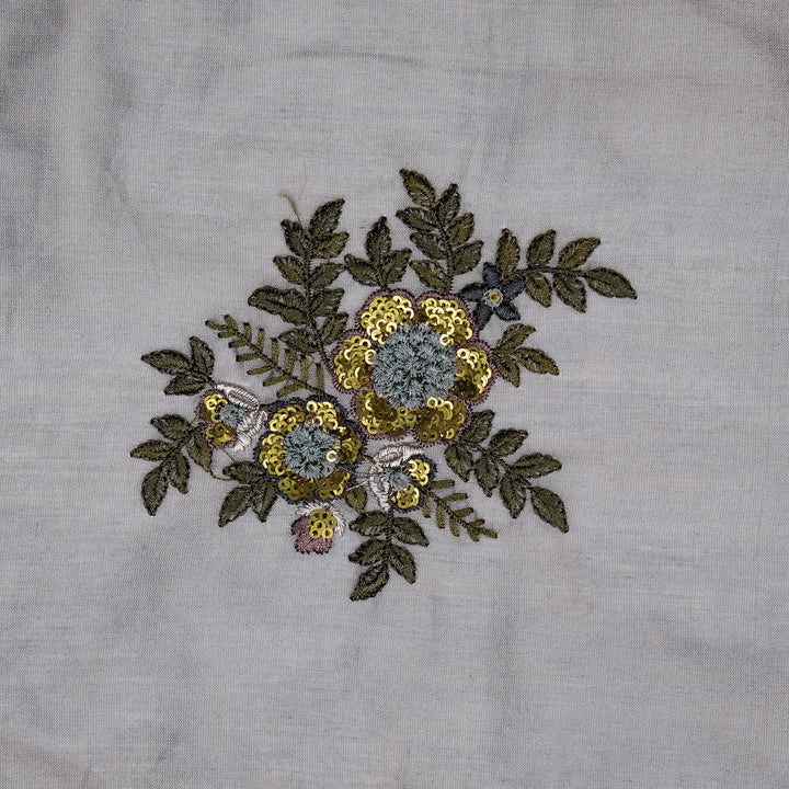 Pushti Buta on Steel Grey Luxe Silk Chanderi Embroidered Fabric