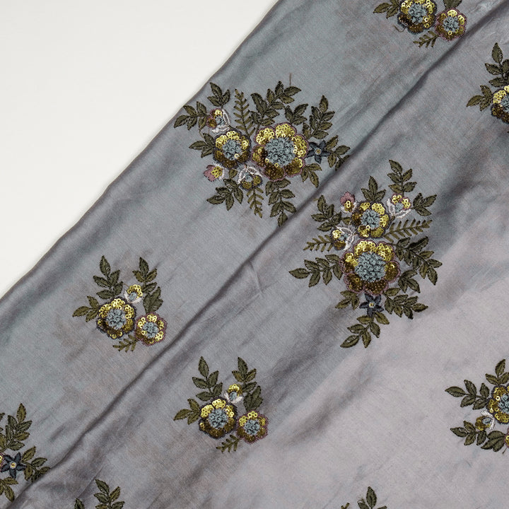 Pushti Buta on Steel Grey Luxe Silk Chanderi Embroidered Fabric