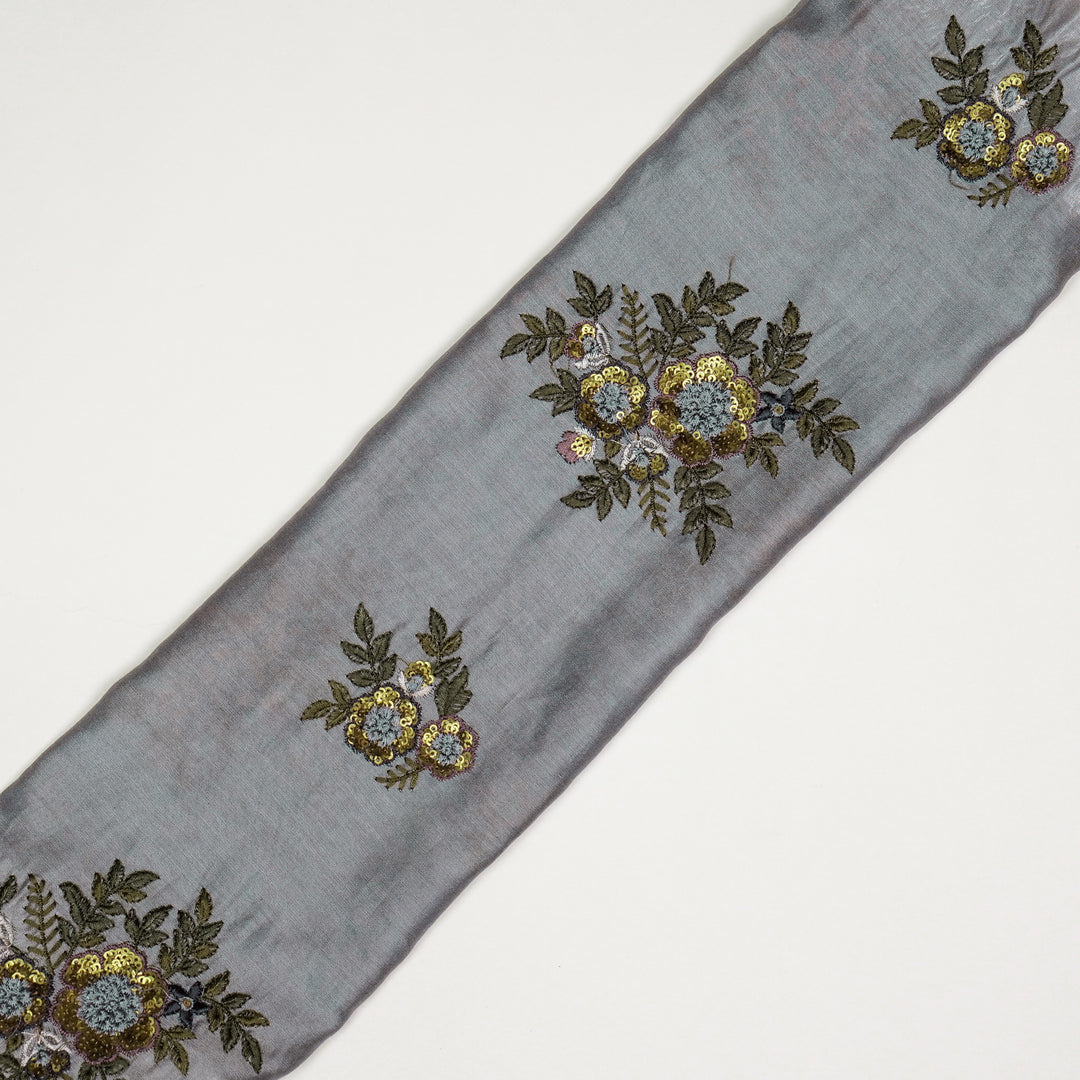 Pushti Buta on Steel Grey Luxe Silk Chanderi Embroidered Fabric