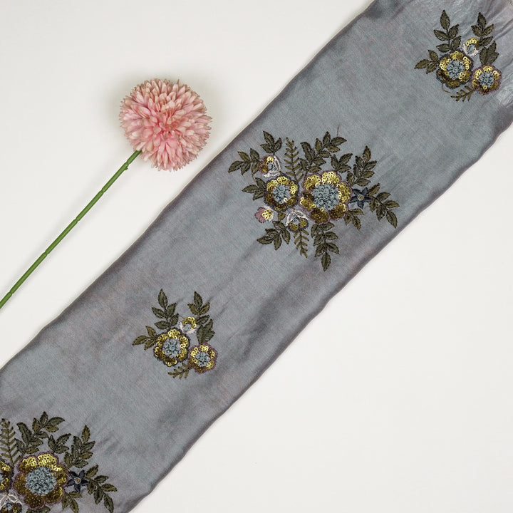 Pushti Buta on Steel Grey Luxe Silk Chanderi Embroidered Fabric