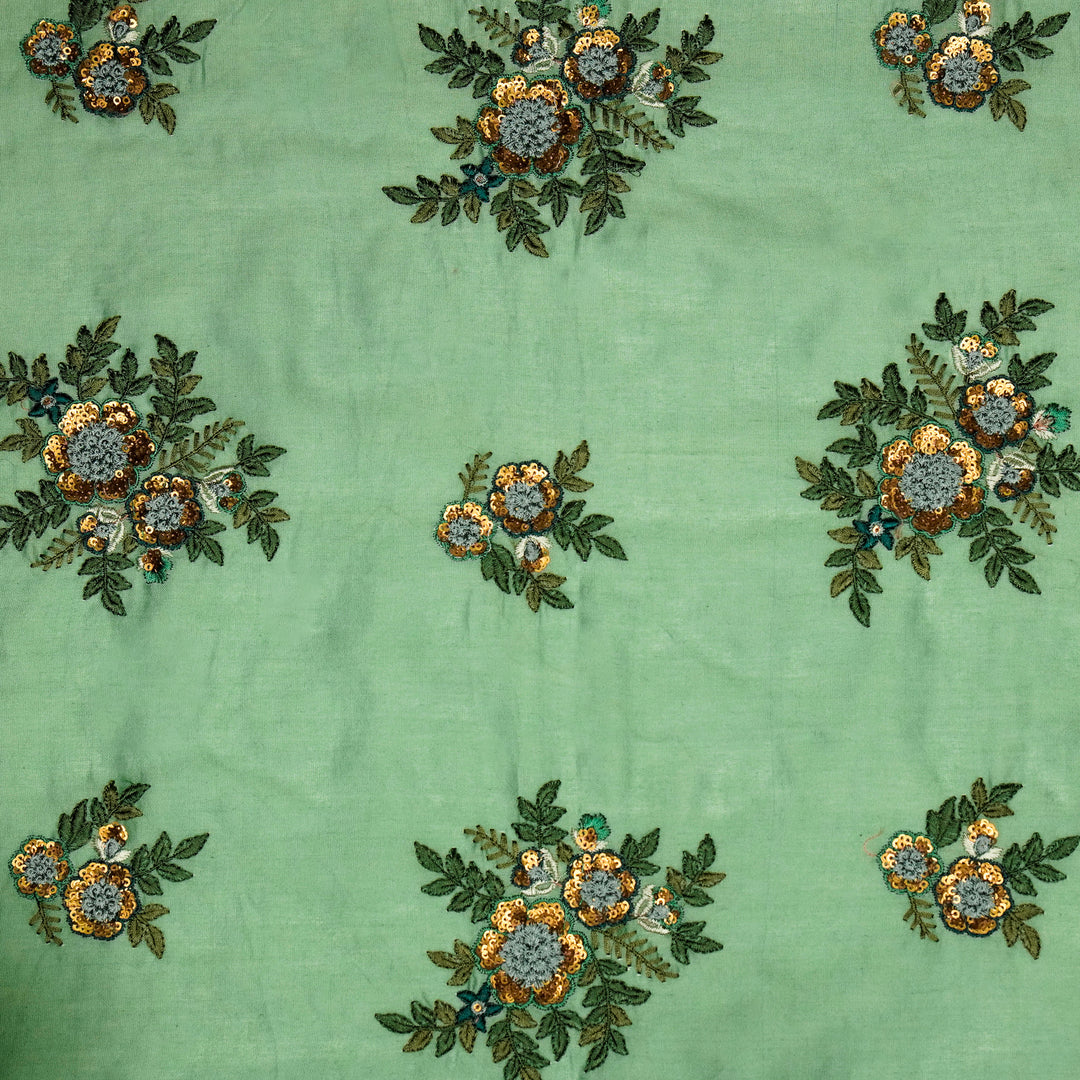 Pushti Buta on Forest Green Luxe Silk Chanderi Embroidered Fabric